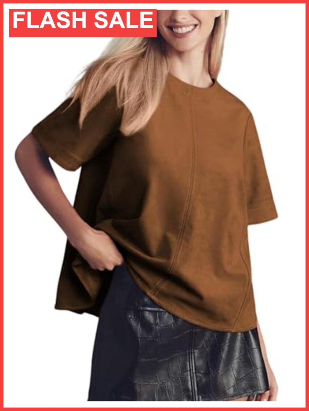 Faux Suede Short Sleeve Crew Neck Tee Casual Loose Fit Top